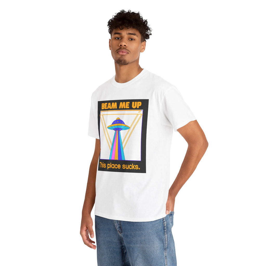 Beam Me Up Funny UFO T-Shirt — Colorful Alien Sarcasm Tee