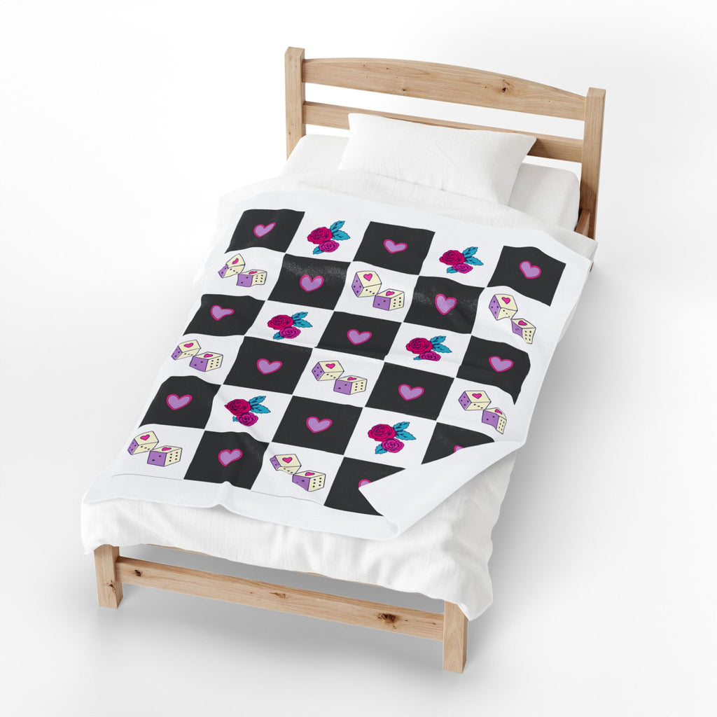 Velveteen Plush Blanket Femme Punk Checkerboard Love Hearts, Roses & Dice Cozy Throw.