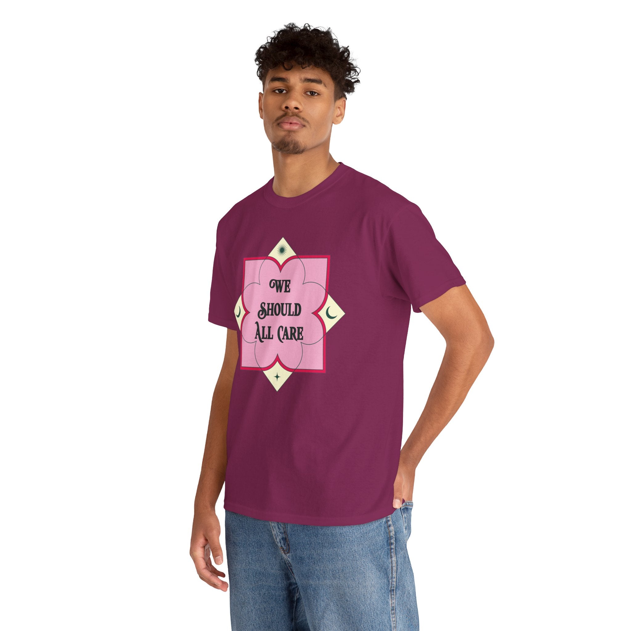 We Should All Care T-Shirt — Pink Floral Compassion Graphic Tee