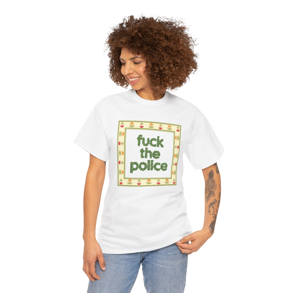 Fuck the Police Provocative Statement Tee —  Floral Cross-Stitch Style T-Shirt